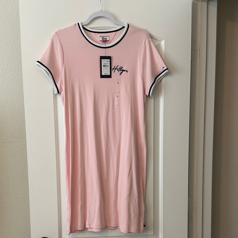 Tommy Hilfiger Light Pink Tee Dress with Navy & White Trim